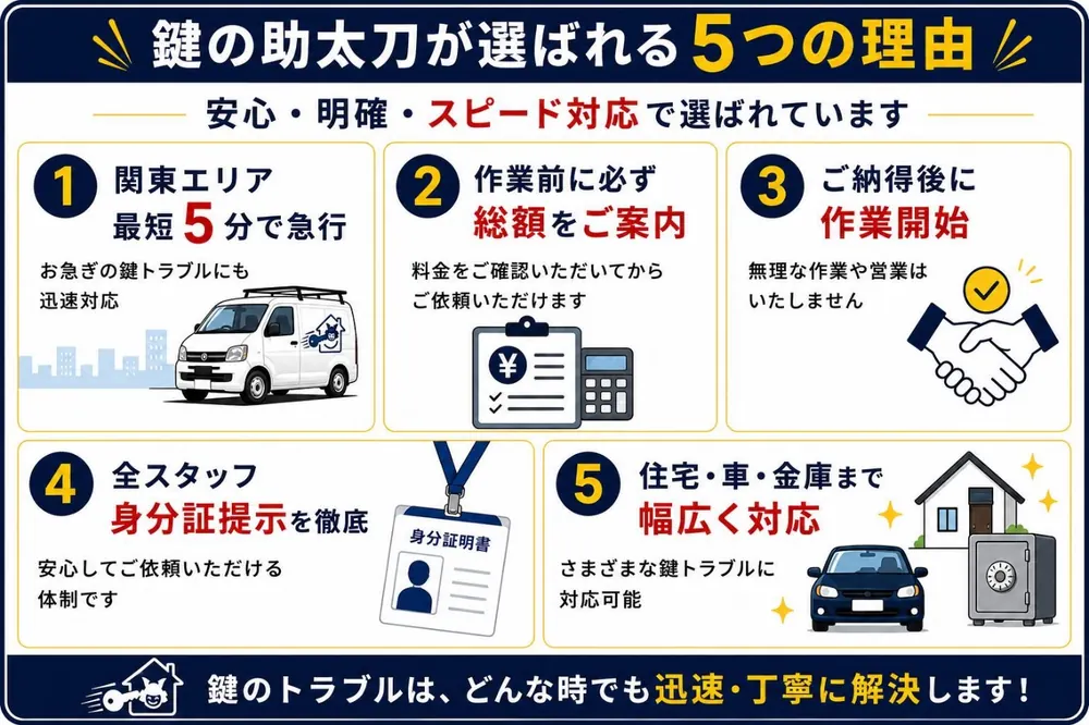 鍵の助太刀が選ばれる5つの理由。関東エリア最短5分で急行、作業前に必ず総額をご案内、ご納得後に作業開始、全スタッフ身分証提示を徹底、住宅・車・金庫まで幅広く対応