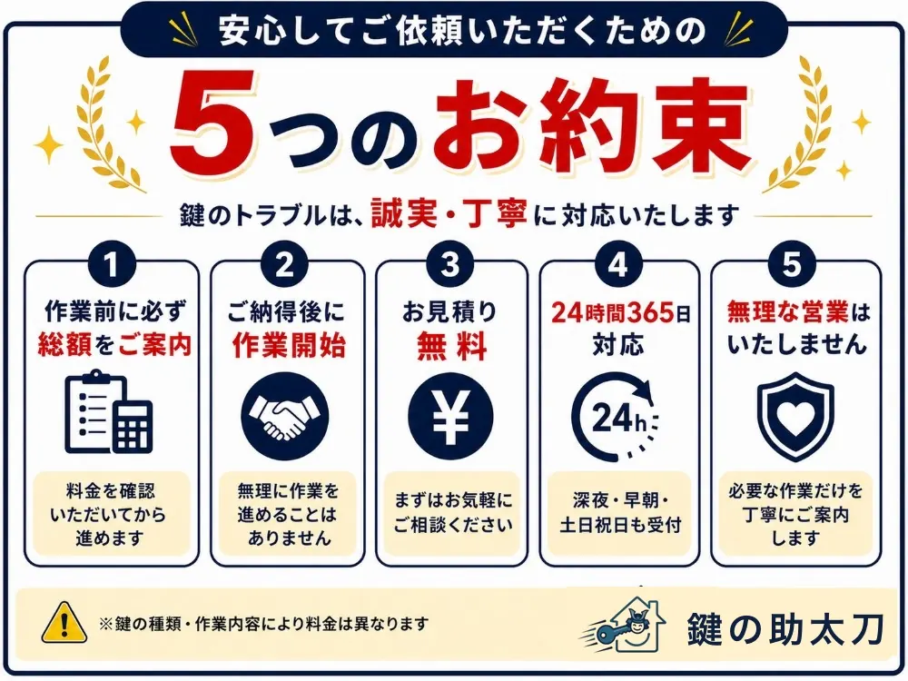安心してご依頼いただくための5つのお約束。作業前に必ず総額をご案内、ご納得後に作業開始、お見積り無料、24時間365日対応、無理な営業はいたしません