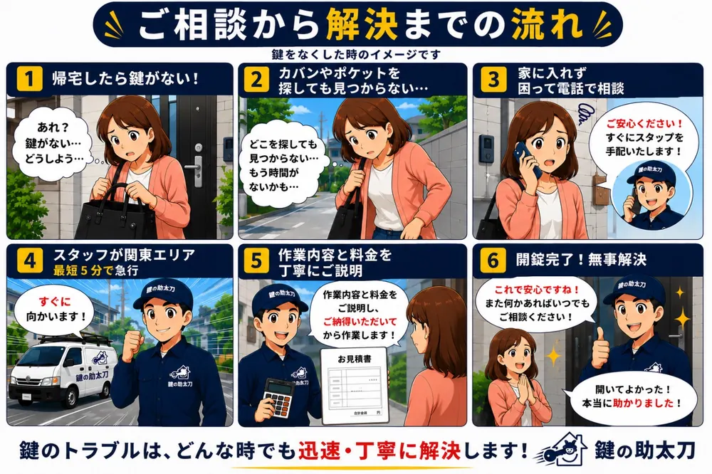 ご相談から解決までの流れ。鍵が見つからない、電話で相談、スタッフが最短5分で急行、お見積りを案内、開錠完了で無事解決
