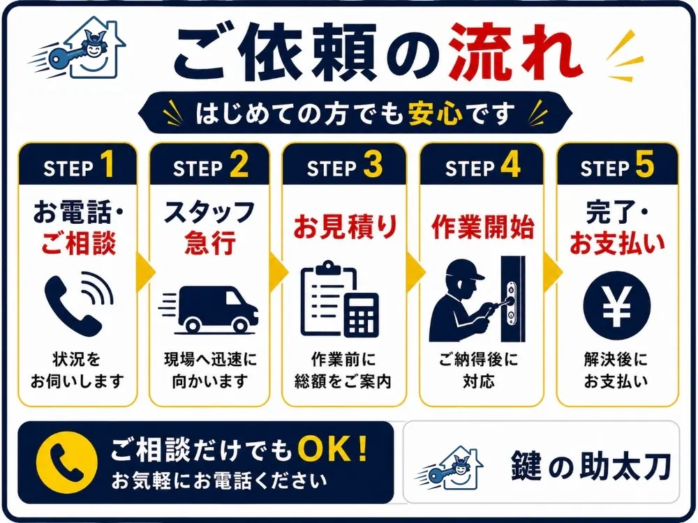ご依頼の流れ。STEP1お電話・ご相談、STEP2スタッフ急行、STEP3お見積り、STEP4作業開始、STEP5完了・お支払い。ご相談だけでもOK
