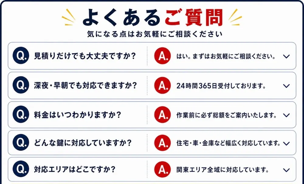 よくあるご質問。見積りだけでも相談OK、深夜・早朝も24時間365日対応、料金は作業前に必ず総額を案内、住宅・車・金庫まで幅広く対応、関東エリア全域に対応
